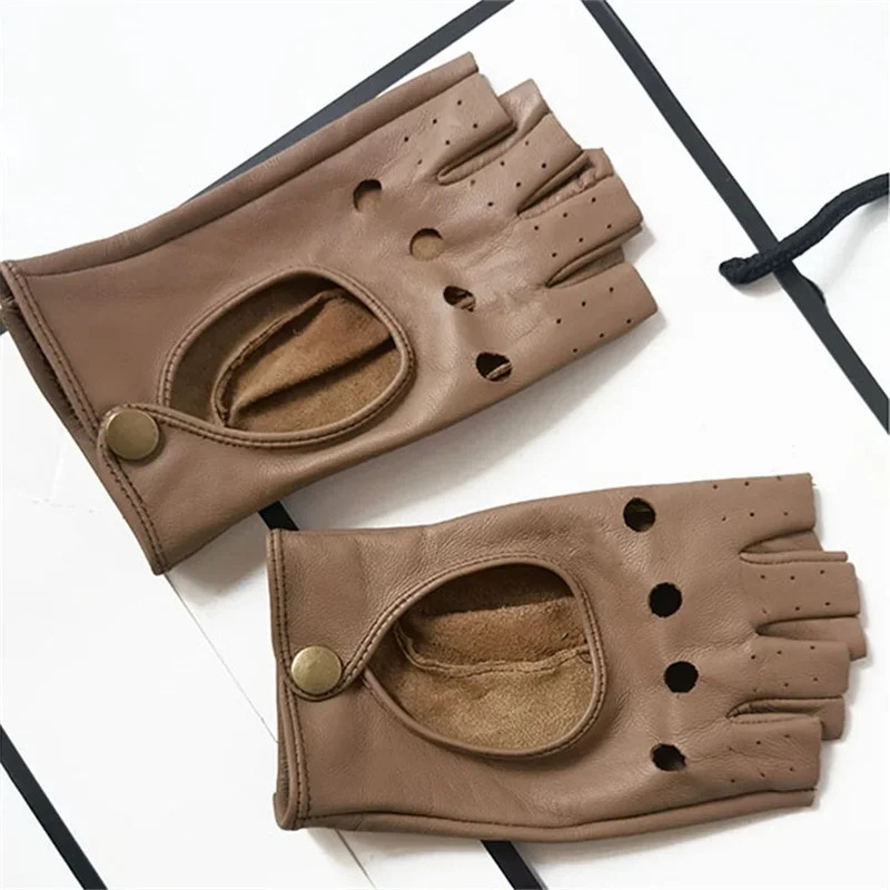 

High Quality White Women Genuine Leather Gloves Slip-resistant Luvas Half Finger Sheep Leather Fingerless Gloves gants moto