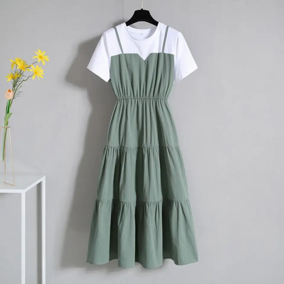 Vestido de verano 2024 de moda, dos piezas falso con tirantes, manga corta, ajustado a la cintura para mujer 2