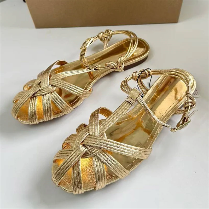 New Summer Golden Narrow Band Buckle Strap Women Sandals Fashion Elegant Flat Heels Party Dress Female Shoes