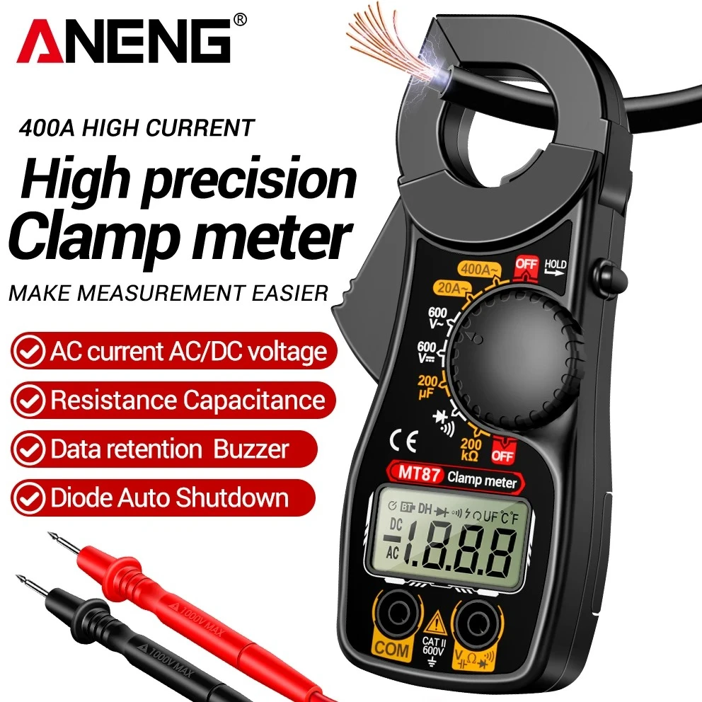 

Цифровой мультиметр-клещи ANENG MT87 AC 400A с 1999 показаниями, измеритель тока, напряжения (DC/AC), индикатор напряжения, тестер автомобильных цепей, измеритель емкости, омметр, инструмент с функцией зуммера