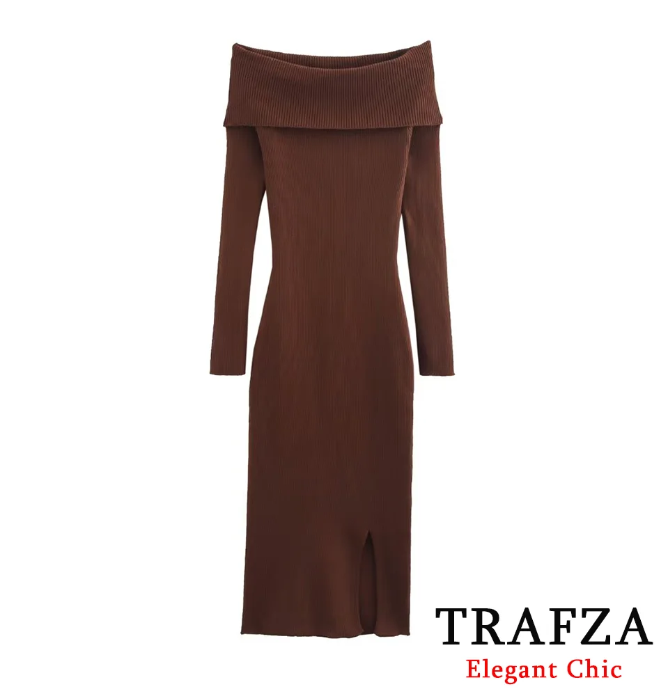 

TRAFZA-Women Fashion Off-shoulder Knitted Dress Hip Wrap Stretch Long Dress New 2024 Autumn Fall Elegant Sexy Knitted Dress