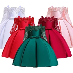 Half Sleeve Flower Party Dress for Girls Christmas Costume Lace Girl Princess Dresses Bow Birthday Wedding Kids Clothes 2-10 Yrs