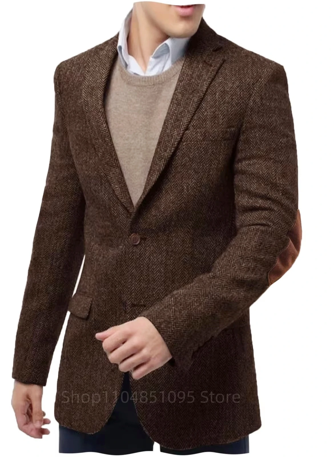

1 шт., коричневый пиджак с узором «елочка» для мужчин, куртка с лацканами, деловое офисное пальто, зимний теплый шерстяной костюм, однобортная одежда