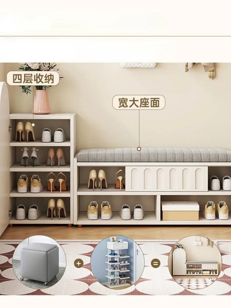 Cream Style Shoe Changing Stool Home Doorway Sitting Shoe Rack Home Multi-Layer Shoe Cabinet Stool Integrated Footstool