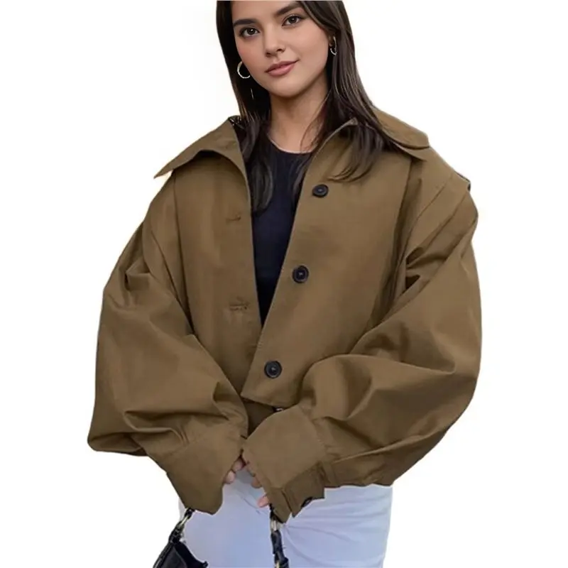 

AUAU-Womens Cropped Jacket Batwing Sleeve Trendy Casual Short Trench Coats Button Up Outerwear