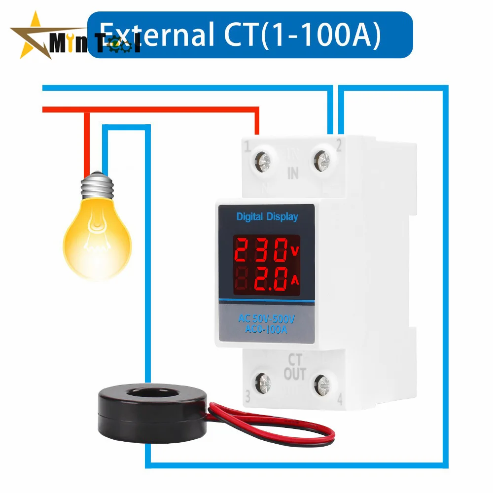 35mm Din Rail Single Phase Ammeter Voltage Meter AC 50-500V Voltmeter Gauge Current Indicator Volt Amp Monitor for Electrician