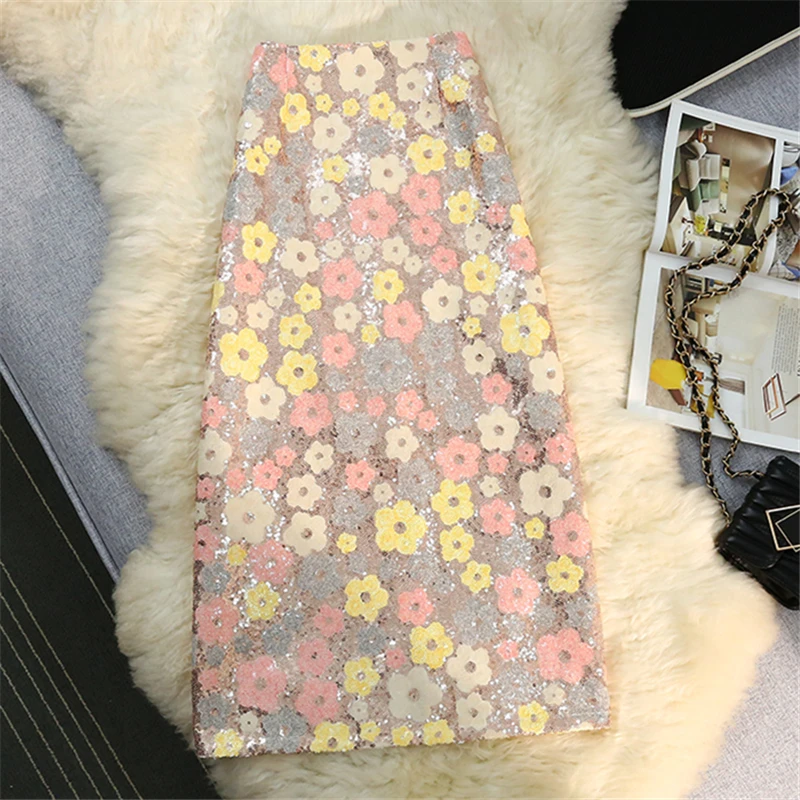 Embroidered Flower Sequin Split Mid length Skirt for Women 2024 Summer New High Waist Slimming A-line Wrapped Hip Women\'s Skirt