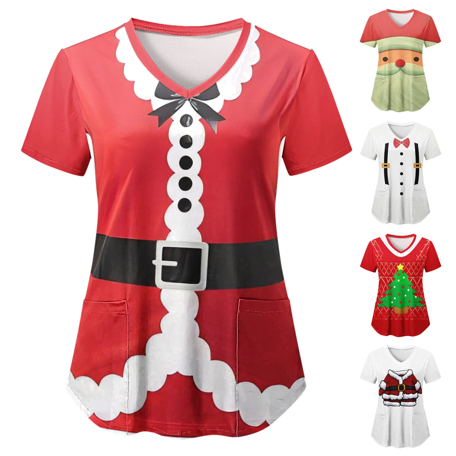 

Medical Scrub Uniform Women Tops Funny Christmas Costume 3d Print Short Sleeve Workwear V Neck Pockets Tops Working Blouse Shirt