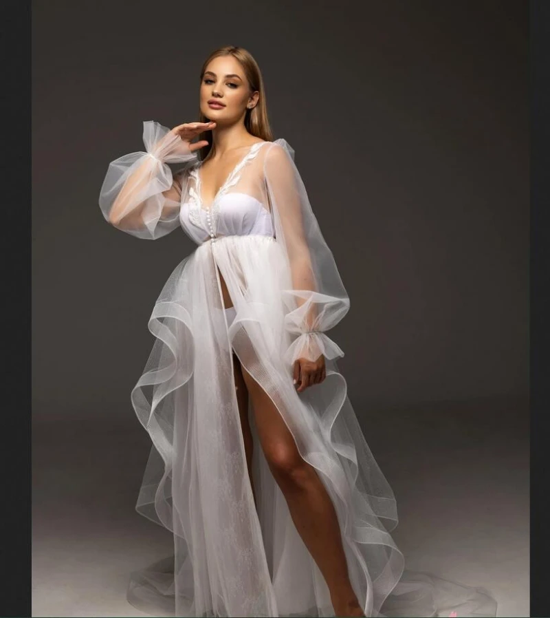 White  Maternity Dress for Photo Shoot Tulle Robes Long Sleeve Bridal Gown for Wedding vestido de novia bridal cape