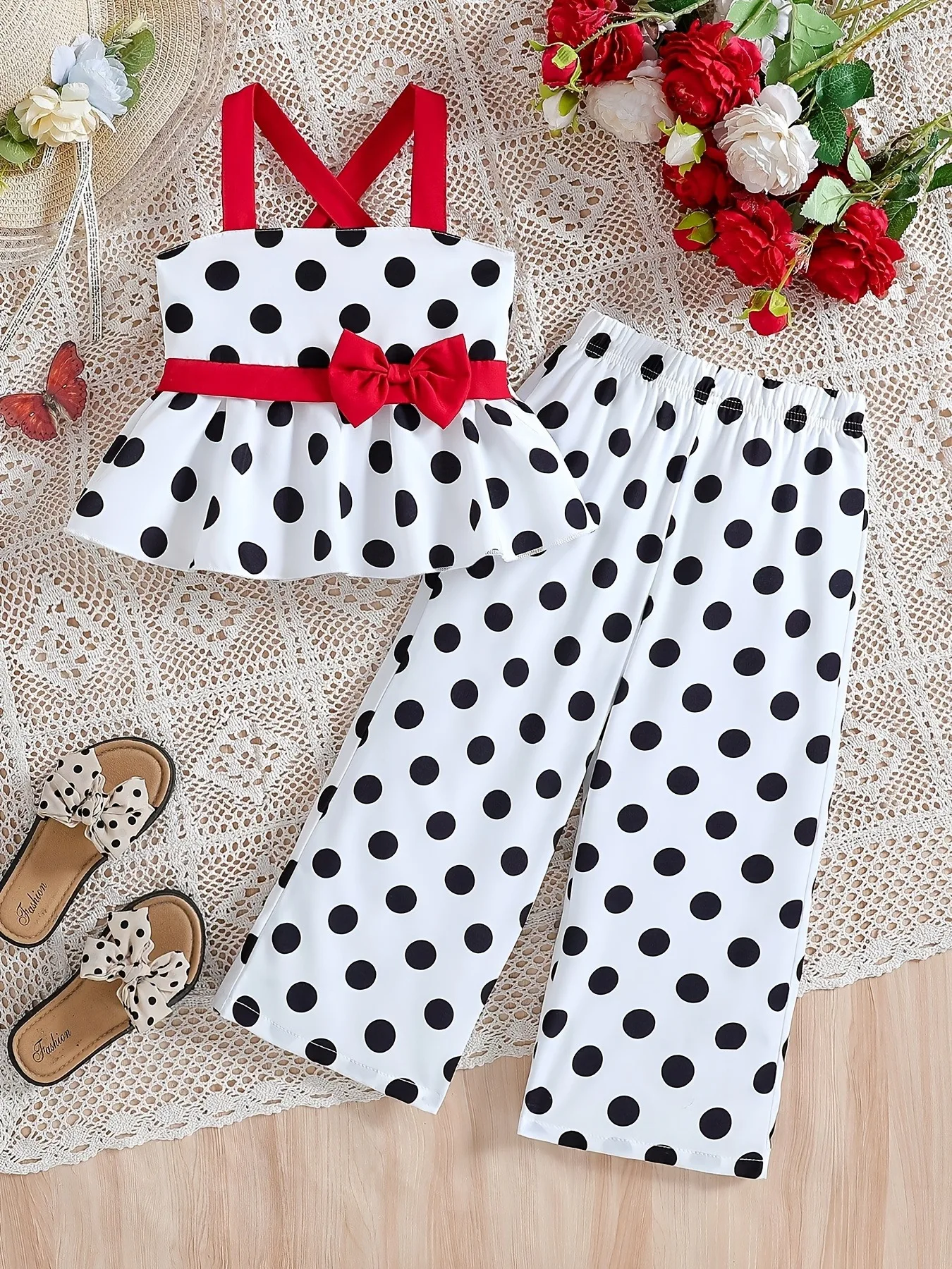 Soft Fabric Kids Girls Two Piece Co-ord Set, Bow Embellished Cross Back Strap Peplum Blouse & Elastic High Waist Dot Pants for M