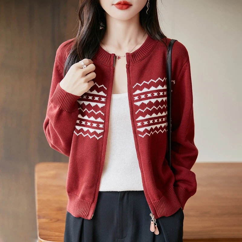 

Осенне-зимний женский кардиган из 100% чистого хлопка с круглым вырезом, модный вязаный жаккардовый свитер, свободный хит продаж, женский топ