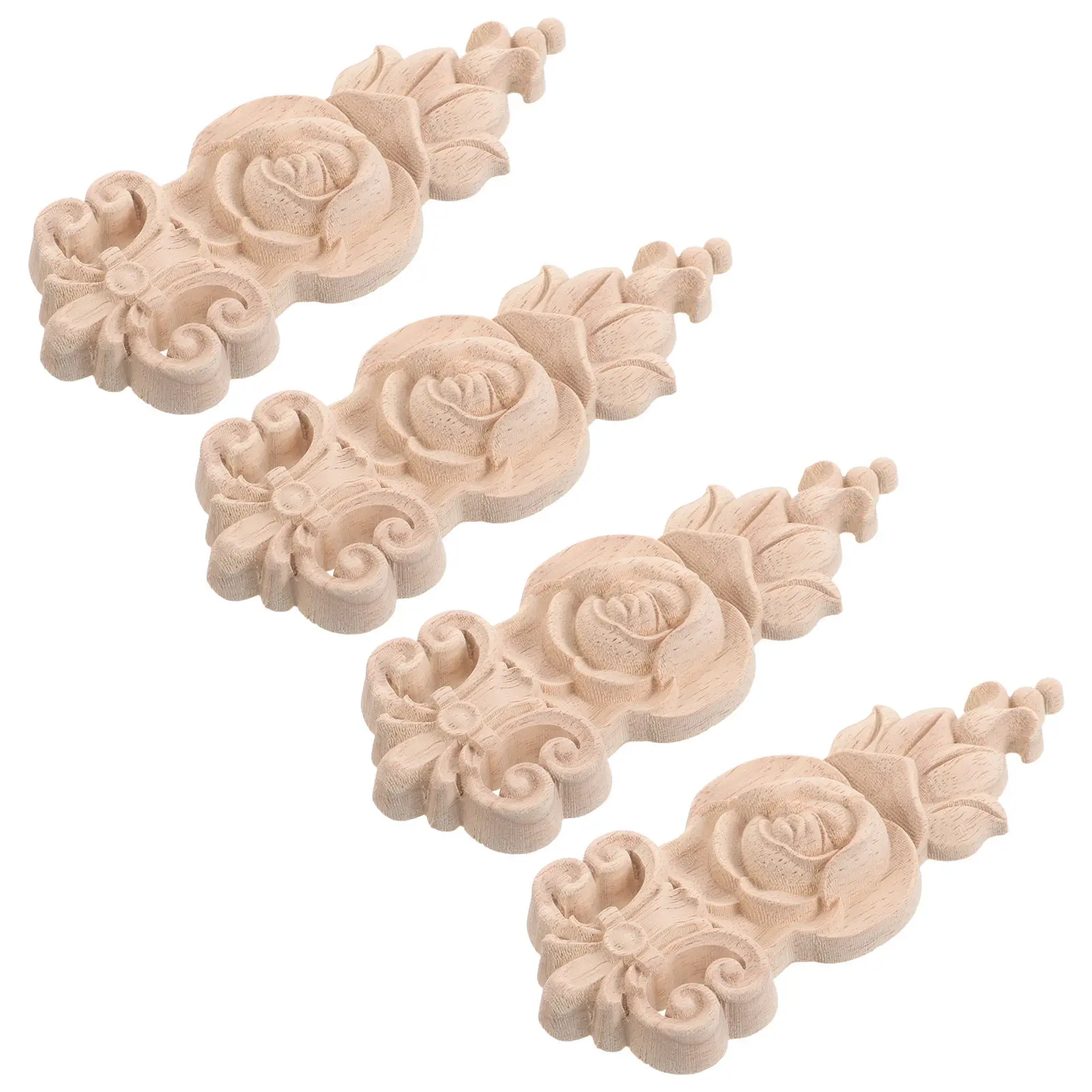 4Pcs Solid Wood Carved European Style Wood Appliques Decorative Onlay Furniture Decals for Cabinet Bed Door Window