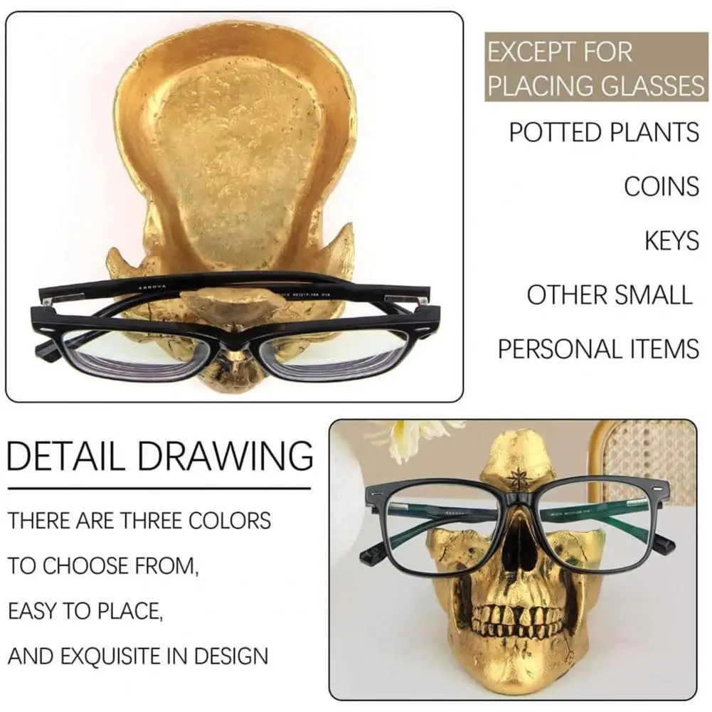 Resin Skull Stand Glasses Stand Decoration Resin Skull Sculpture Multi-functional Eyeglasses Key Holder with Charm for Halloween