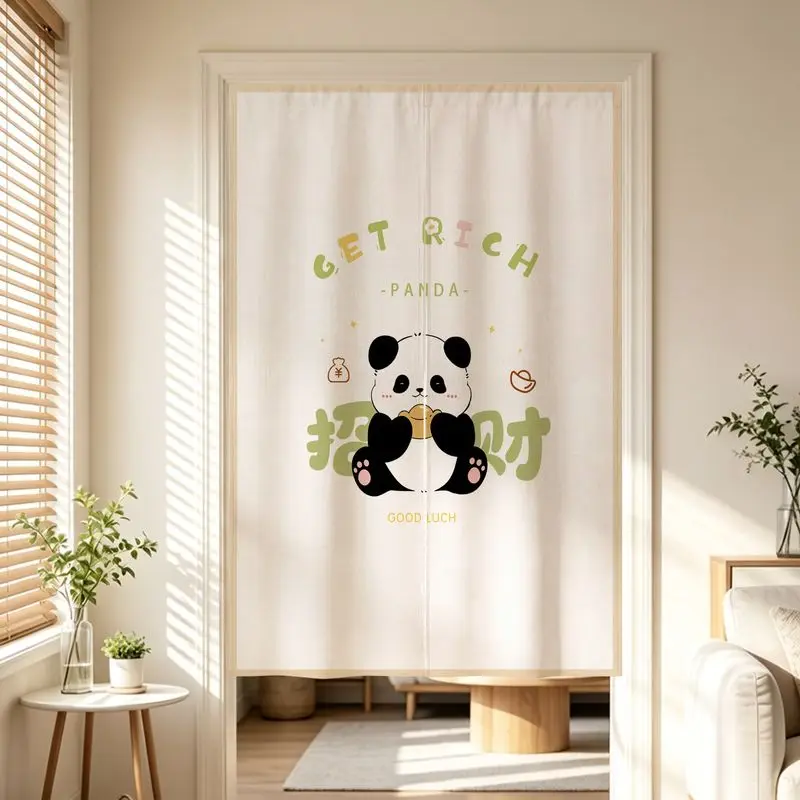 Cute Cartoon Panda Wealth Attracting Fabric Door Curtain, Half Door Curtain, No Punching Hanging Curtain, Door Curtain