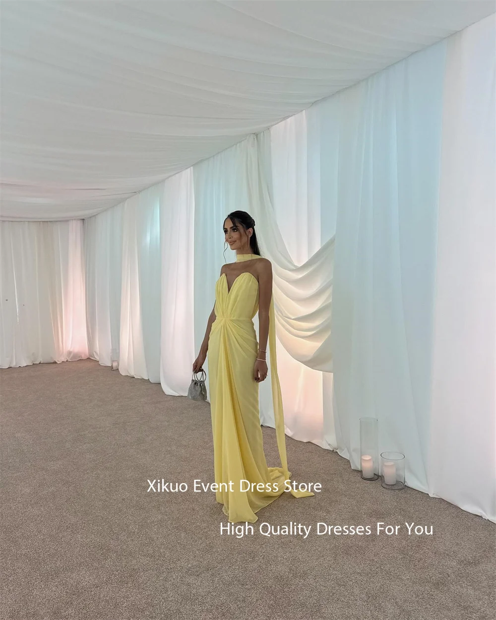 فساتين سهرة شيفون جميلة من Xikuo أصفر عميق على شكل حرف V طول الأرض فستان رسمي 2025 فستان حفلات تبادل لاطلاق النار للنساء حسب الطلب