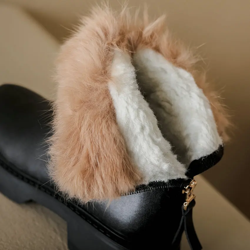 QUTAA 2023 Women Ankle Boots Warm Plush Winter Genuine Leather Black Snow Boots Zipper Thick Low Heels Shoes Woman Size 34-43