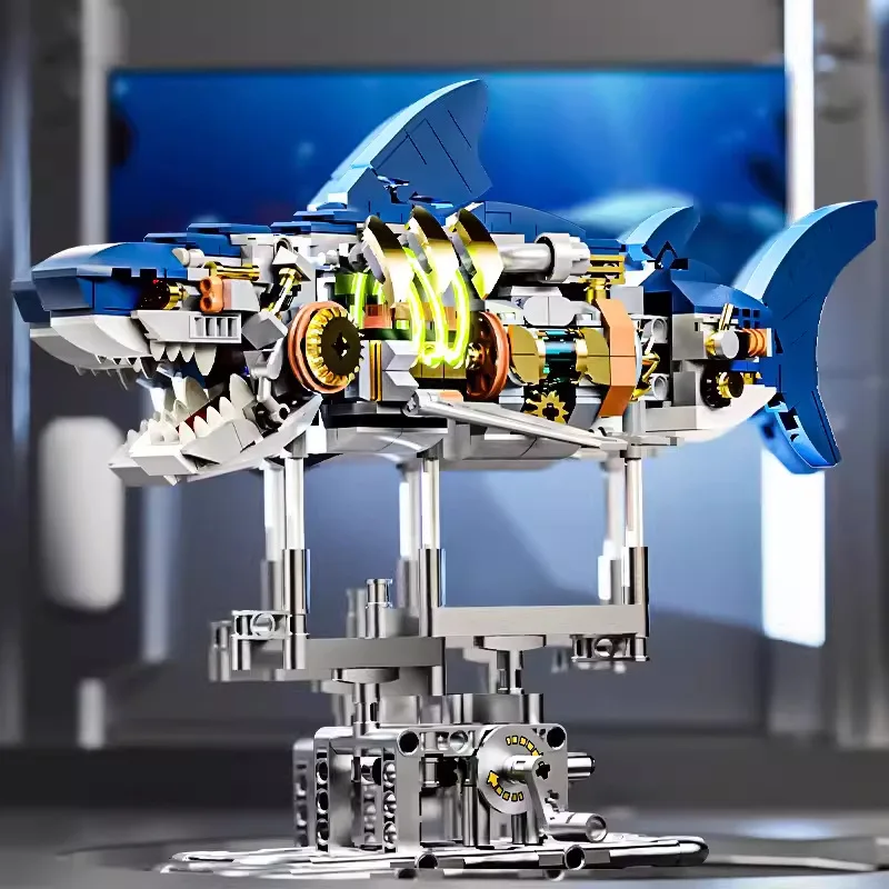 Heiße mechanische Hai-Mantis-Bausteine, Set mit Lichtern, Ziegelsteinen, Tierweltmodell, Block-Geschenk für Kinder und Erwachsene, Heimdekoration