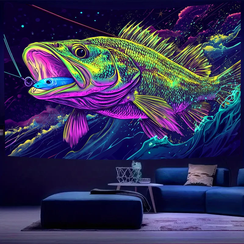 VIKAMA Bigmouth Black Bass Wandteppich, Neon-Sternenhimmel, Hintergrund, Wanddekoration für Wohnzimmer, Spielzimmer und Schlafzimmer