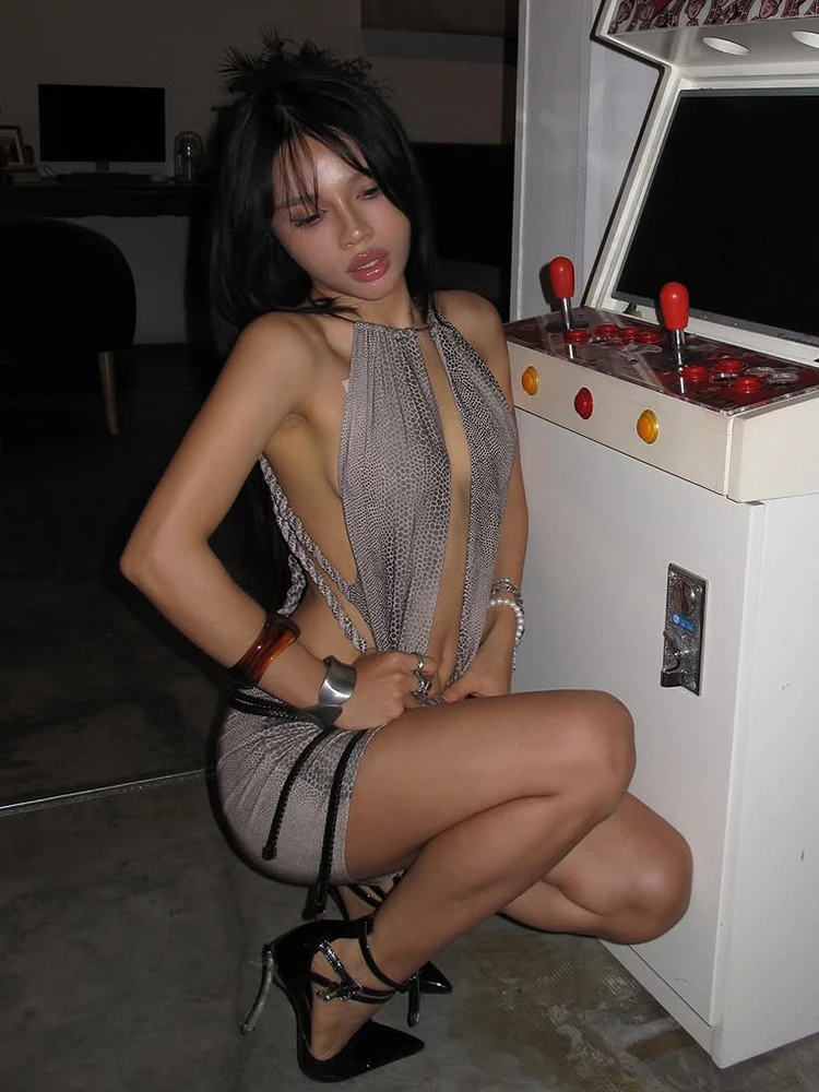 Sisterlinda Sexy Wild Snake Print Dress Women Hottie Swing Collar Metal Ring Halter Rope Backless Sleeveless Peach Hip Bodycon