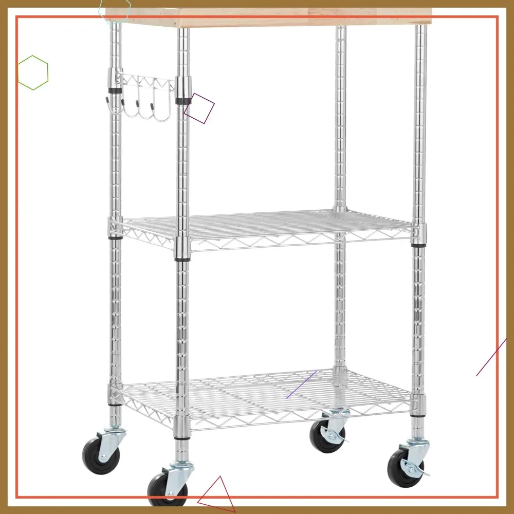 

Портативная кухонная 3-ярусная полка для хранения с регулируемыми полками, колесиками, грузоподъемностью 175 фунтов, отделка дерево/хром