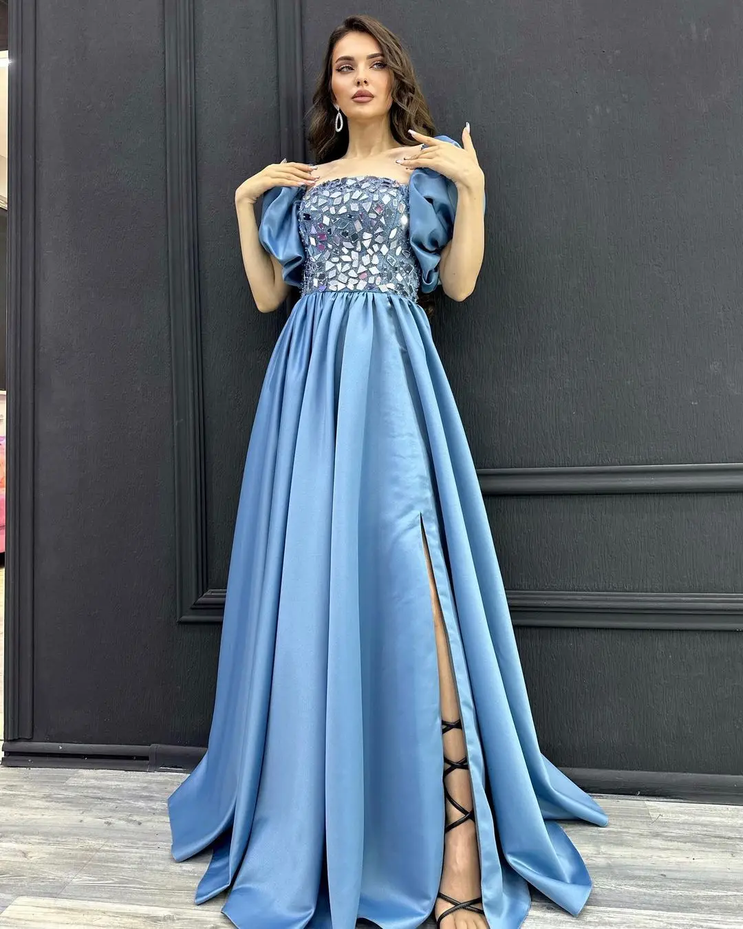 Sapmae Square Neckline Beaded Short Sleeve A-line Vent Floor-length Bule Elegant Prom Formal Evenning Party Dress For Women