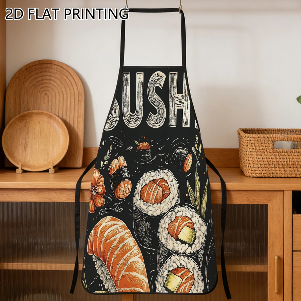 1pc Vintage Sushi Food Art Pattern Apron For Food Lovers Restaurant Kitchen Cooking Use