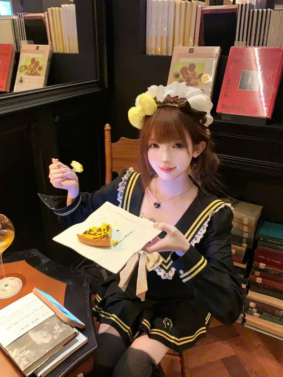 Autumn College Style Navy Collar Long Sleeve Top Cute Bow Short Black Top Coat Autumn New Black Short Skirt