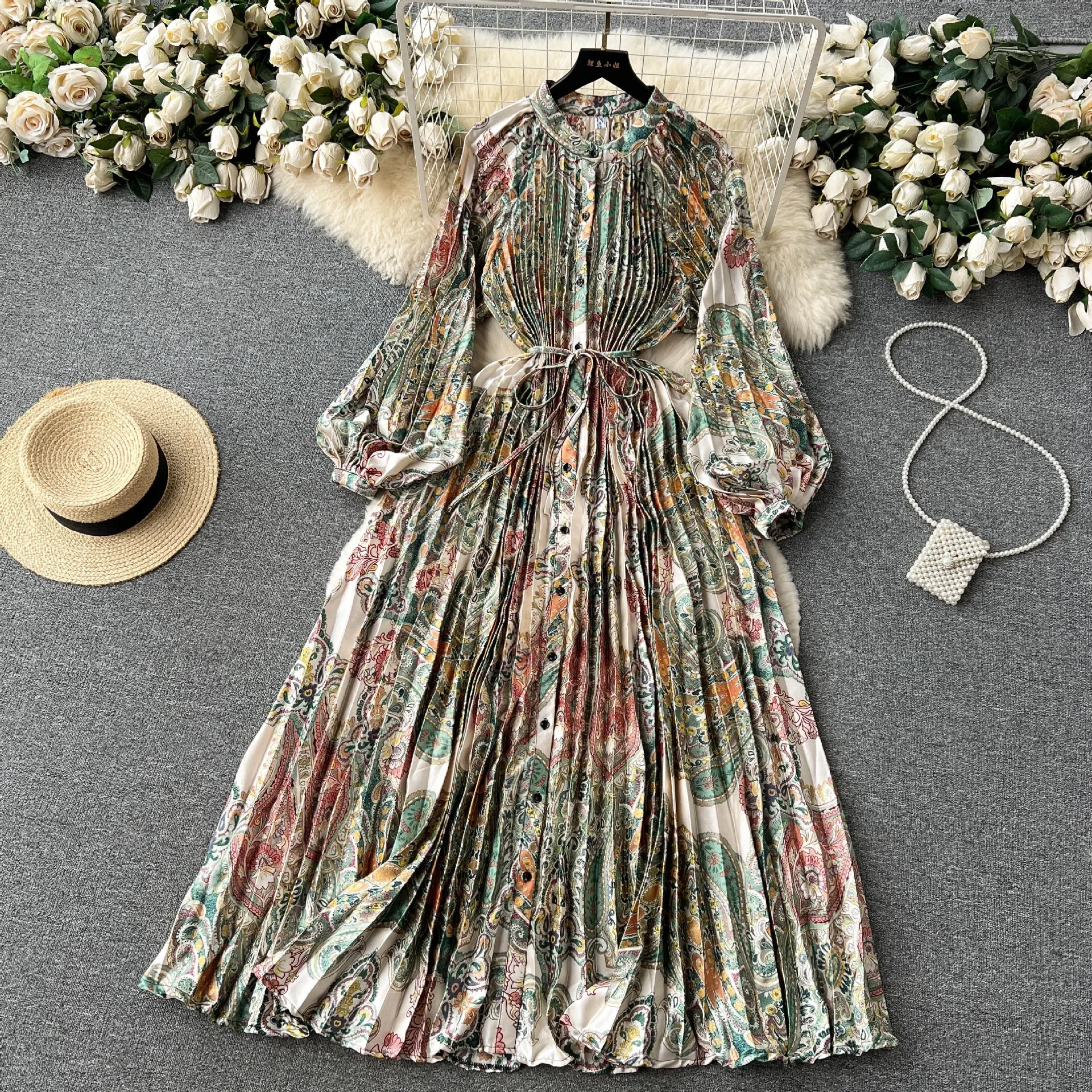 Women Print Long Dress Single Breasted Lantern Full Sleeve Round Neck A Line Dresses High Waist Folds Skirts Ladies Autumn