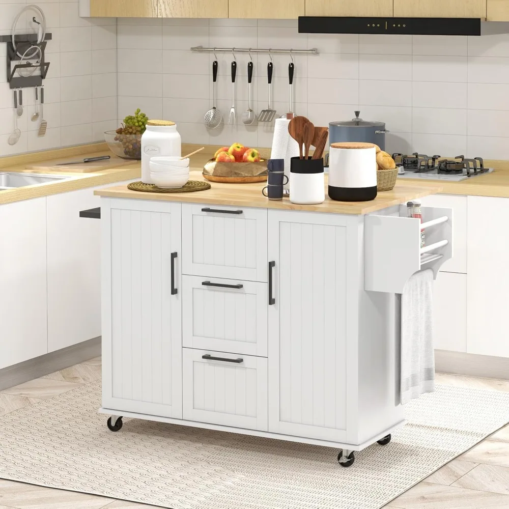 

Kitchen Island with Storage, Rolling Kitchen Cart on Wheels with Drop Leaf Top, 3 Drawers, 2 Cabinets, 2 Adjustable