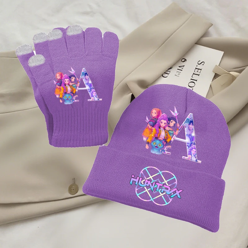 

Kpop Demon Hunters Purple Knitted Hat Gloves 2pcs Set Girls Winter Hats Letters Print Warm Cap Screen Gloved Kids Birthday Gifts