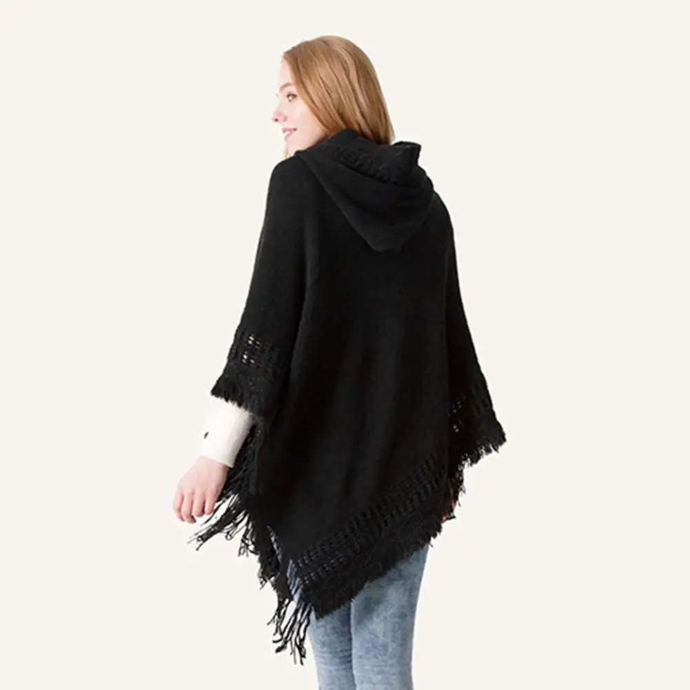 Women Autumn Cape Tassel Loose Knitting Solid Color Irregular Hem Warm Hooded Bohemia Fringed Lady Cloak for Office Daily Wear