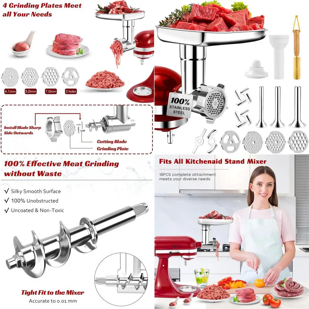 

KitchenAid Mixer Accessory: 18-Piece Stainless Steel Meat Grinder Set with 3 Sausage Stuffers & 4 Plates, Dishwasher Safe