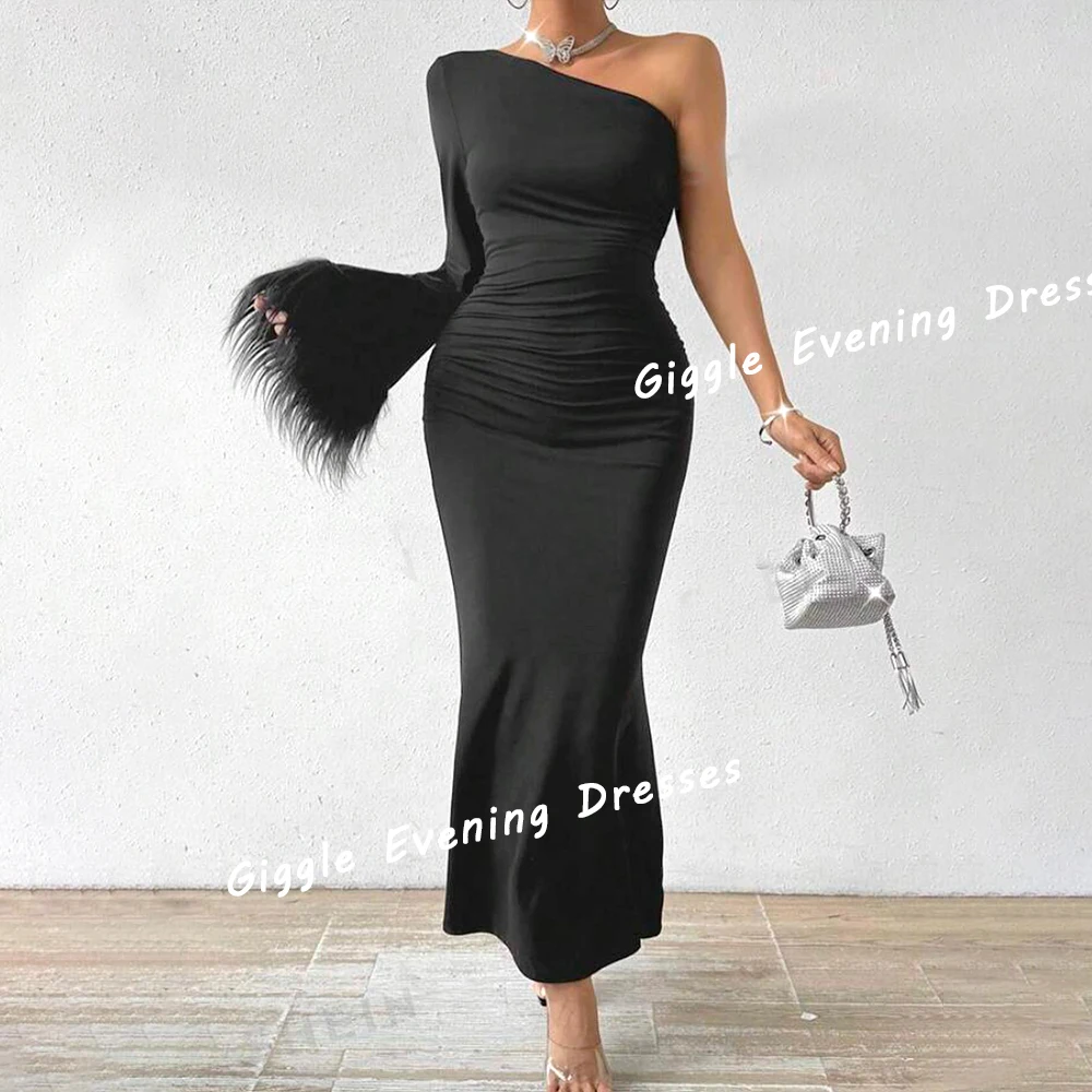 Giggle Crepe Feathers One-Shoulder Elegance Prom Gown Saudi Arab Floor-Length Close Fitting Evening Party Dresses for Women 2024