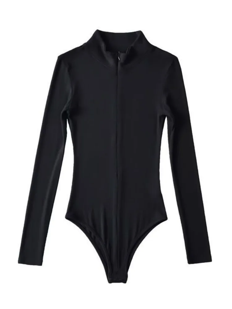 جمبسوت نسائي لربيع وخريف 2025 بدلة نسائية بقصة ضيقة وياقة ثابتة وتصميم بسحاب بلون سادة وأكمام طويلة طبقات علوية