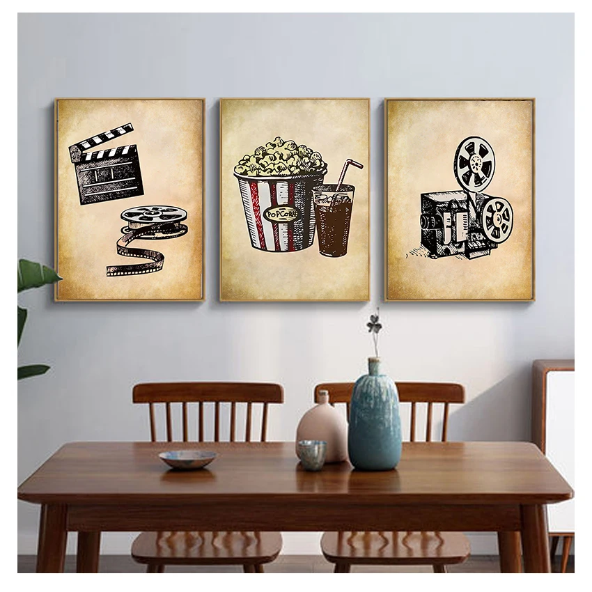 Painting Wall Picture Popcorn Film Clapper Poster Retro Home Decoration For Cinema Living Room Movie Theater Vintage Art Canvas