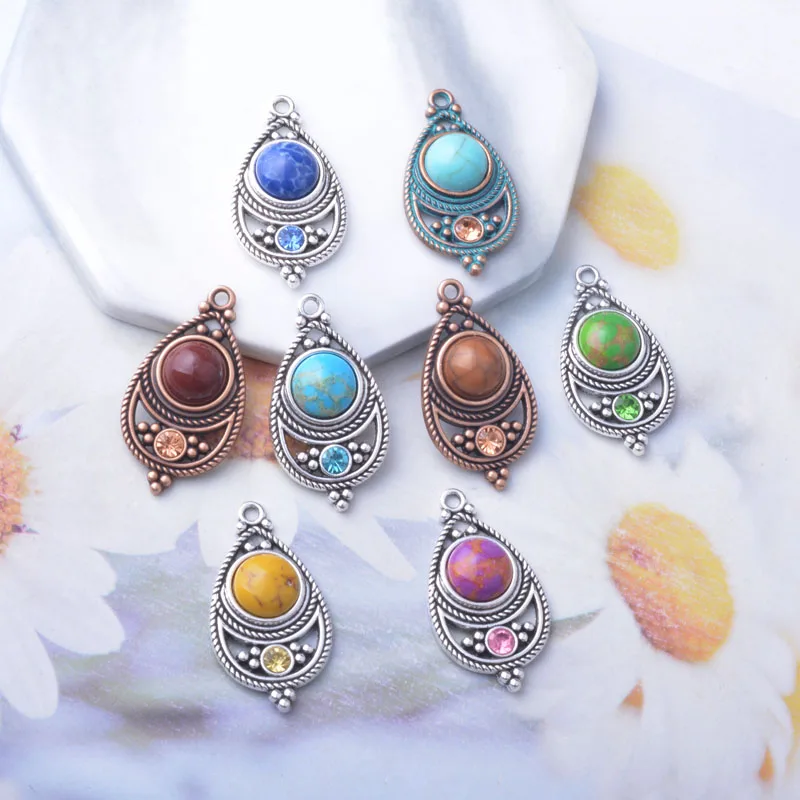 10 Stück Böhmischer Stil Antik Silberfarbene Stein- und Acryl-Anhänger Zinkmetall-Ohrringe Anhänger Zubehör DIY Damenschmuck – Detail 13