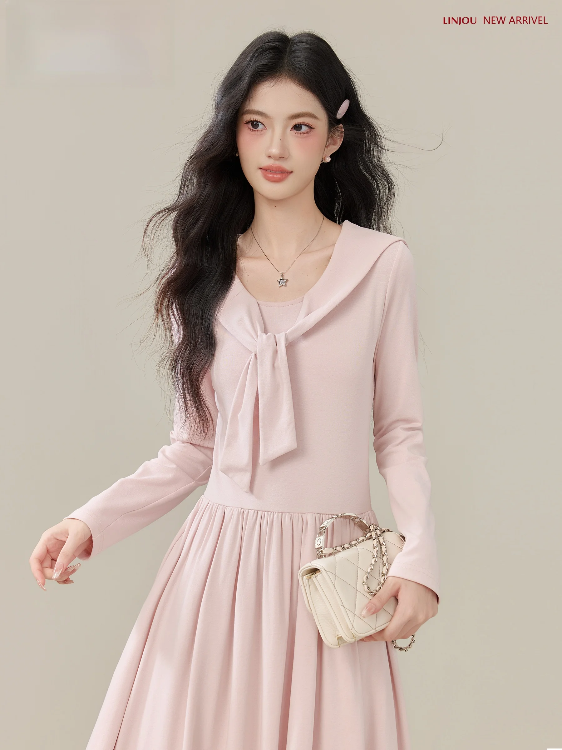 

Pink Long Sve Dr Waist Cinched Women's Faion Sweet Sle H Version Cotton Polyester Blend Autumn Winter New Arrival