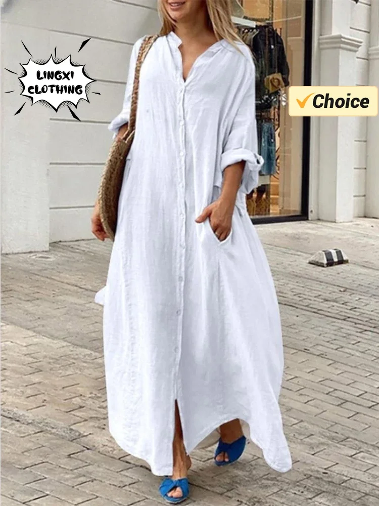 2024 New Women\'s Cotton and Hemp Loose Robe Summer Beach Sunscreen Clothing Cotton and Hemp Single Breasted Long Shirt Dress