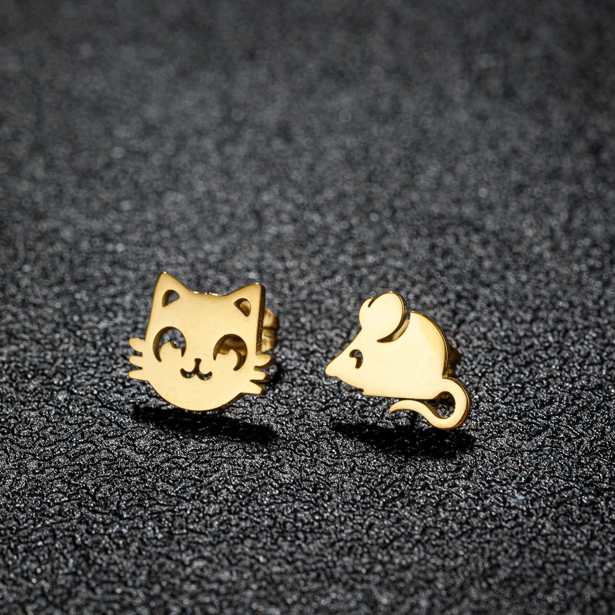 Cute Cat And Mouse Women'S Earring Asymmetry Animal Stainless Steel Stud Earrings For Fashion Jewelry Gift Pendientes Mujer