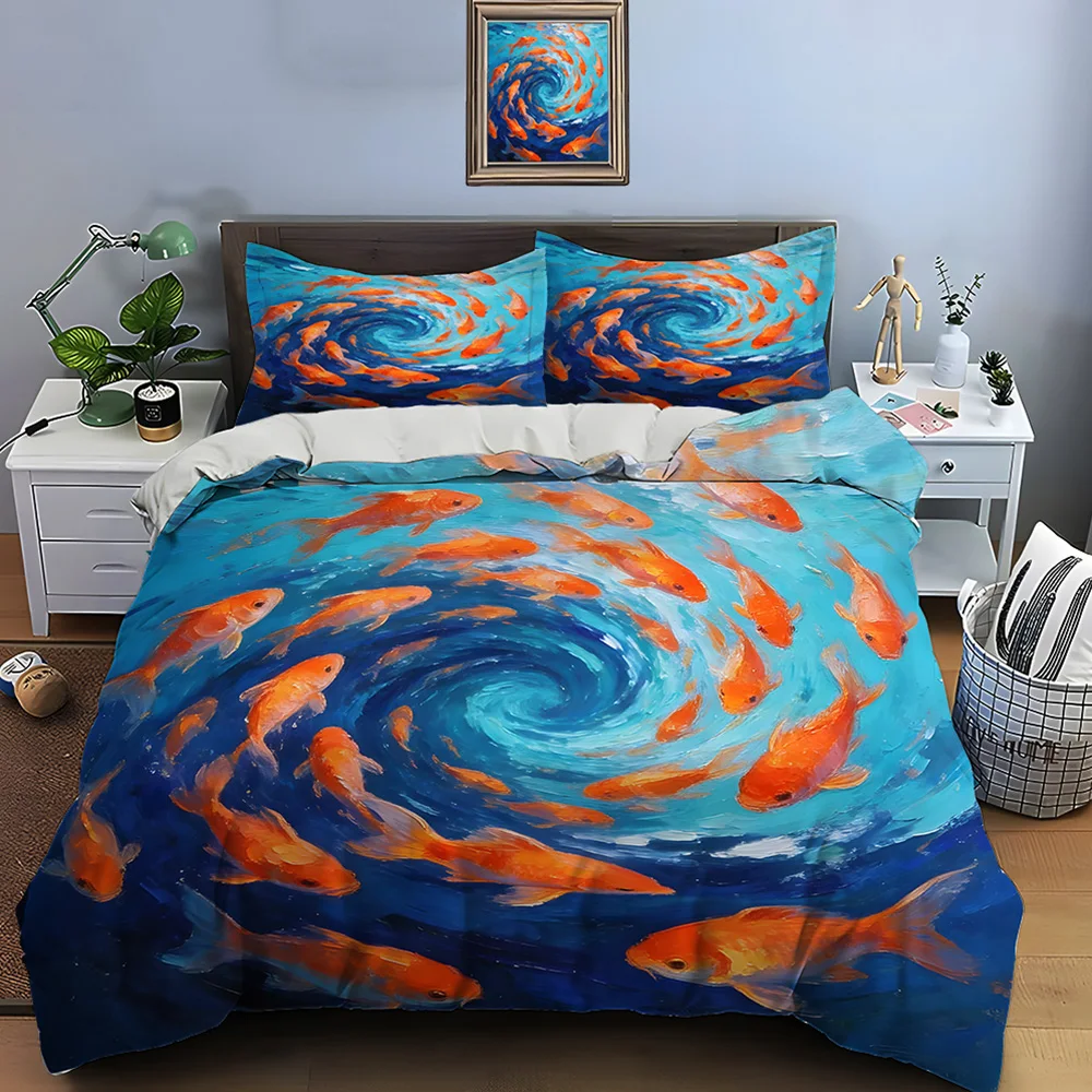 Goldfish Swimming Around Blue Swirl Bedding Set for Kids Luxury Gift 3pc Digital Print Comforter Set Soft Comfortable Breathable