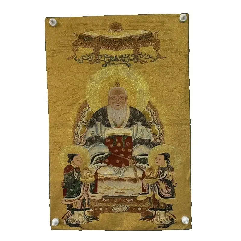 Chinese Antique Silk Brocade Tangka Painting Map of Tai Shang Lao Jun Embroidery Wall Art for Home Decor