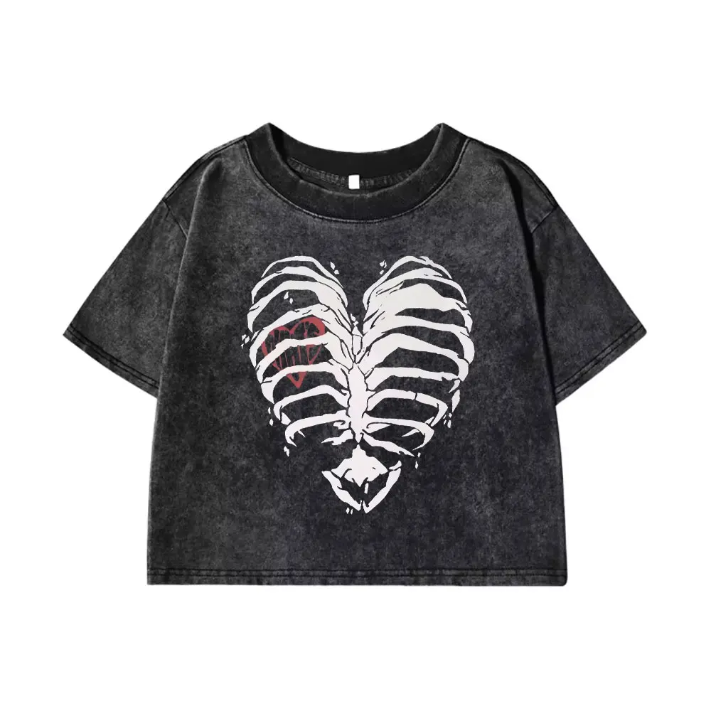 Women's T-shirt Harajuku Y2K Wash Top Harajuku Retro Korean Style Black Demon Punk Gothic Anime Print T-Shirt Clothes