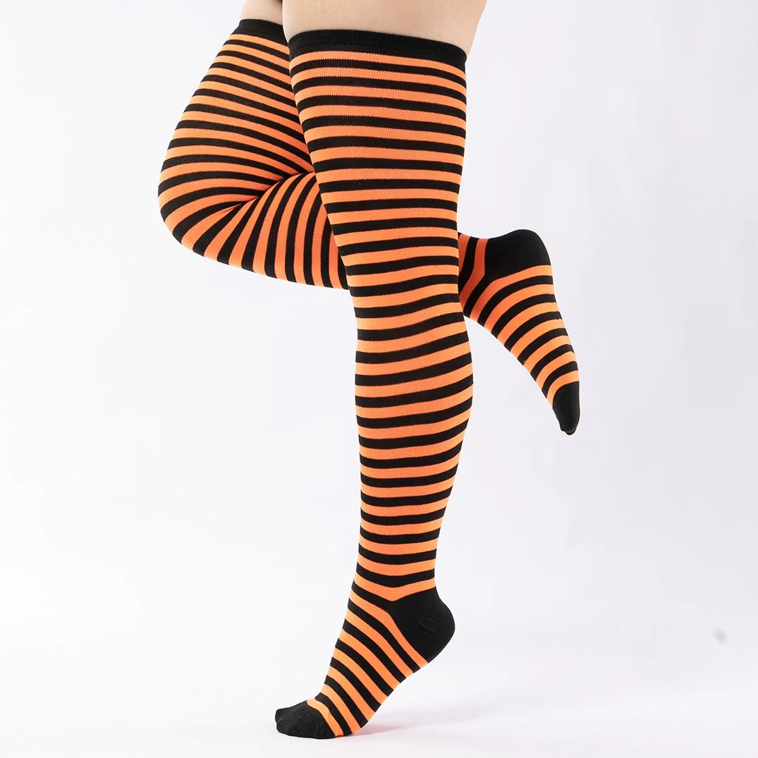 1 Paar Halloween Vrouwen Plus Size Gestreepte Lange Sokken Anti Slip Kostuum Dij Hoge Kousen Voor Grote Meisjes