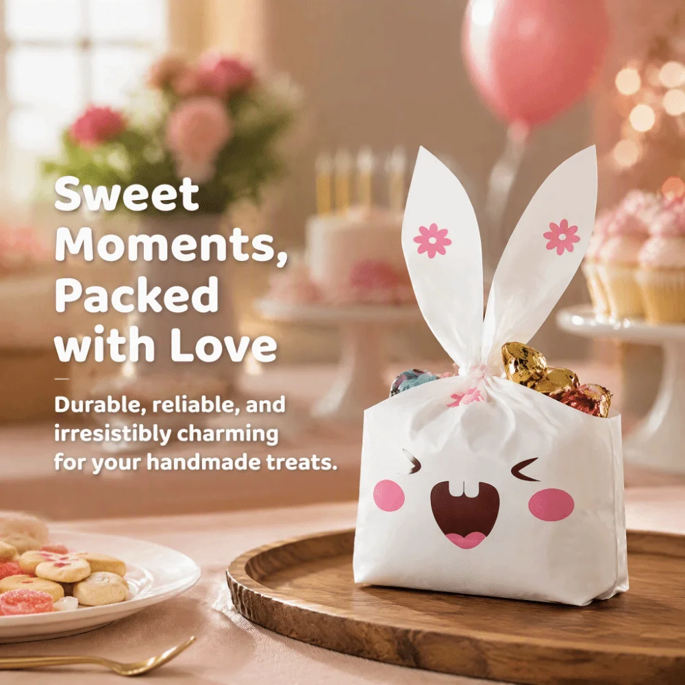 50PCS EVA Treat Bags Bunny Sheep Mouse Print Long Ear Gift Packaging Bags Tie Closure Baking Packaging Bag