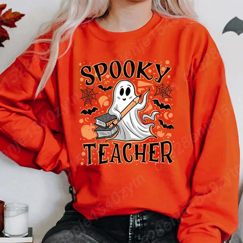 New Women Hoodless Sweatshirts Halloween Ghost Spooky Teacher Print Round Neck Pullovers Fashion Halloween Soft Ladies Pullovers