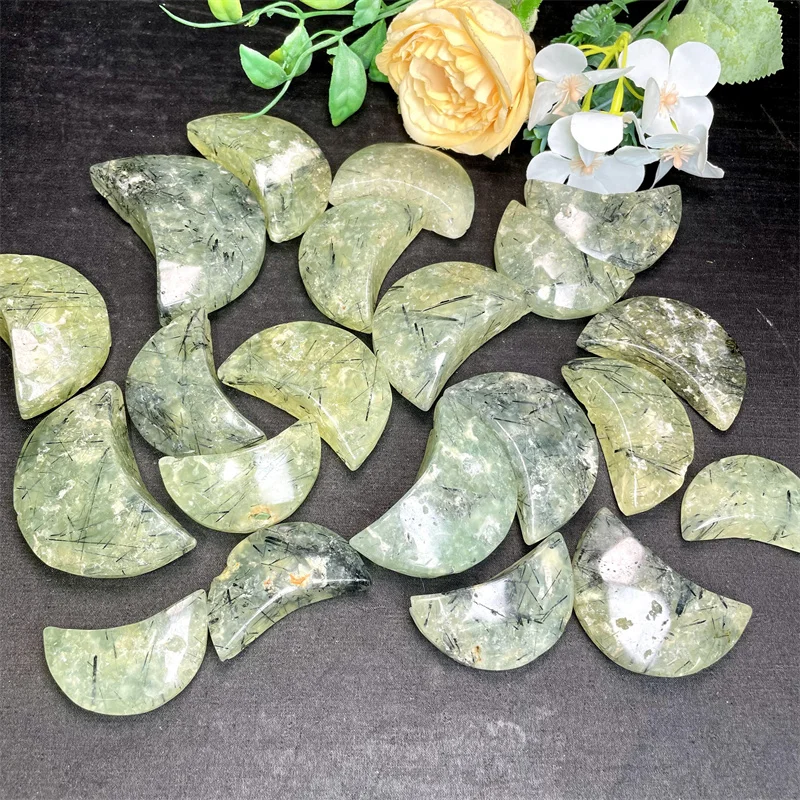 

Wholesale Natural Spiritual Healing Stone Prehnite Polished Crystal Carved Moon Shape For Art Decoration