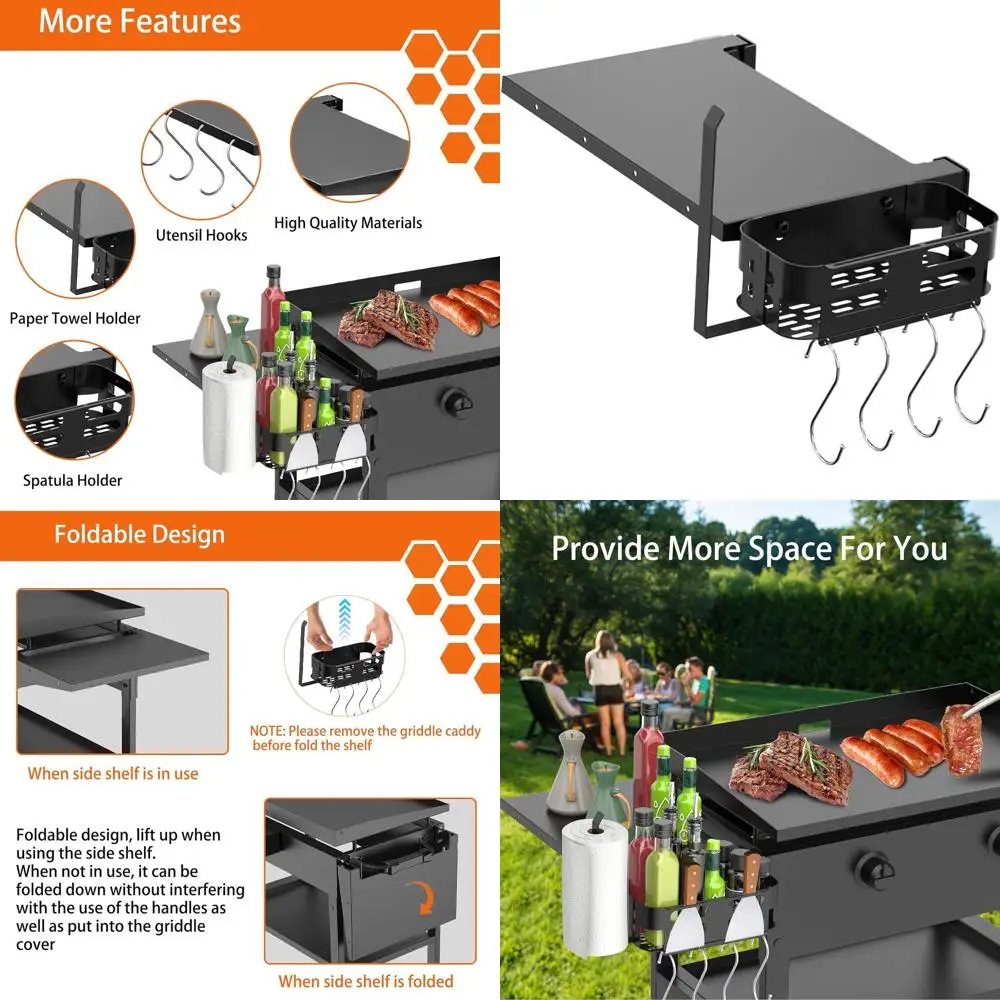 

Foldable Griddle Side Shelf and Caddy for 28 Griddle, Space Saving Grill Accessories with Paper Towel Holder, 4 Hooks, and Stora