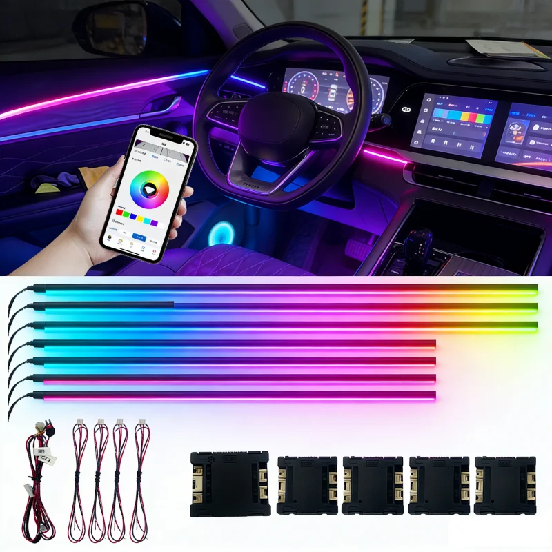 

Комплект из 18 светодиодных RGB-лент для автомобиля, 64 цвета, синхронизация, Bluetooth, эффект радуги, акриловые полосы, атмосферная подсветка салона