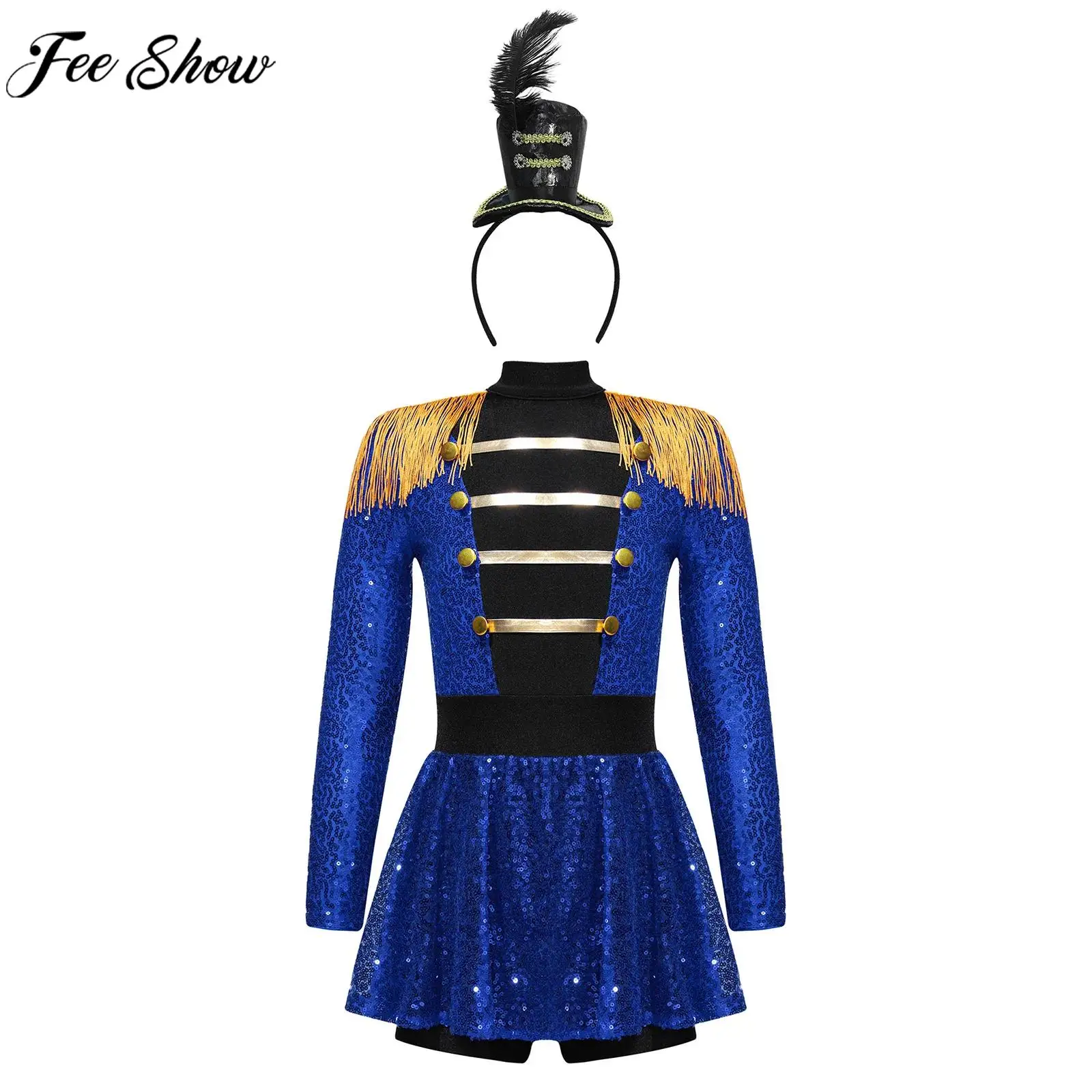6-16Y Kids Girls Circus Ringmaster Cosplay Dress Long Sleeve Sequin Bodysuit with Top Hat Headband Carnival Theme Party Costume