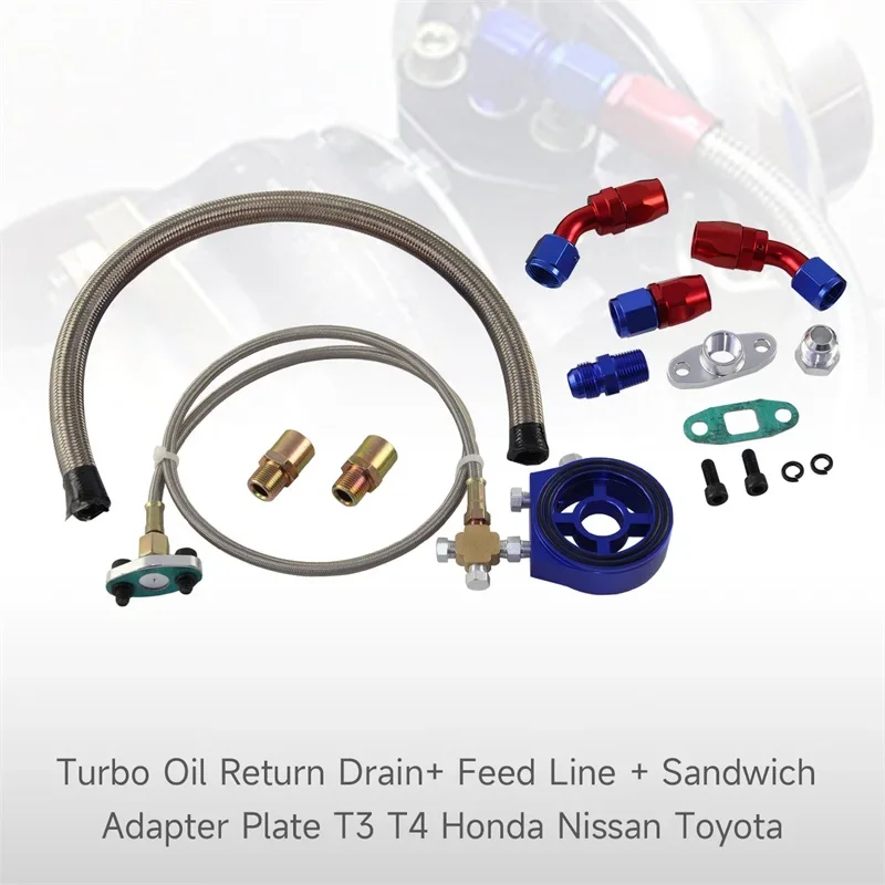 

Blue Turbo Oil Return Drain+ Feed Line + Sandwich Adapter Plate For SR20DET KA24DE 95-99 Eclipse K24
